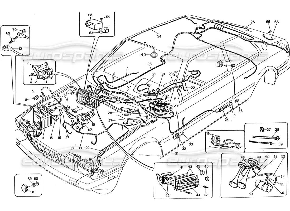 maserati 222 / 222e biturbo schema delle parti del cablaggio e dei componenti elettrici (sterzo sinistro).