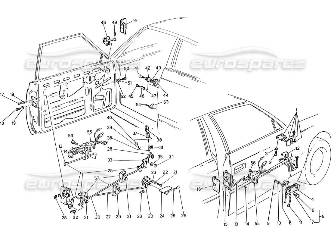 maserati 222 / 222e biturbo porte: cerniere e comandi interni diagramma delle parti