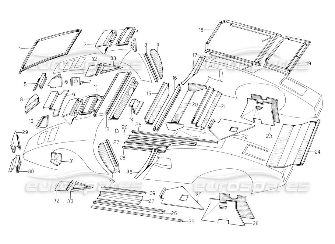 lamborghini countach 5000 qv (1985) rivestimenti interni ed esterni diagramma delle parti
