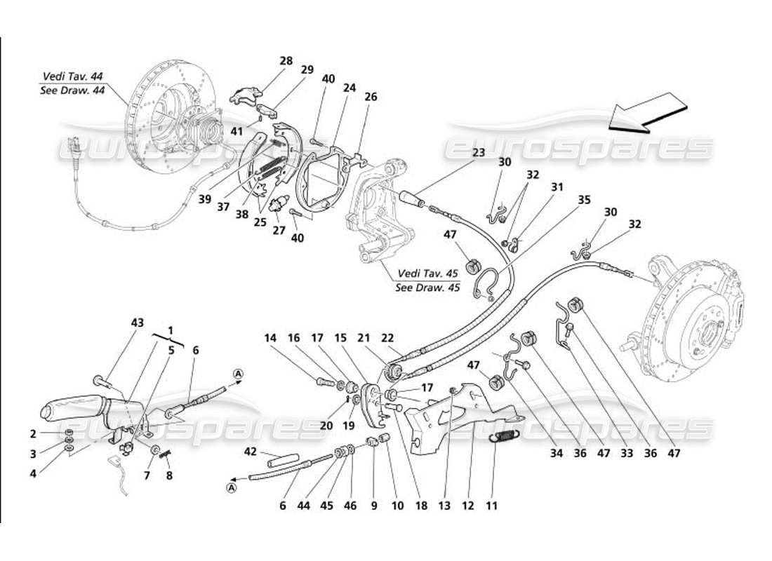 maserati 4200 gransport (2005) diagramma delle parti del controllo del freno a mano