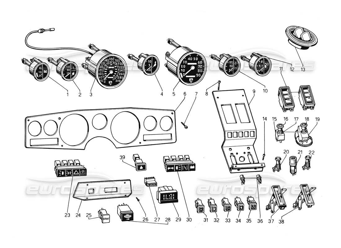 lamborghini countach 5000 qvi (1989) diagramma delle parti degli strumenti