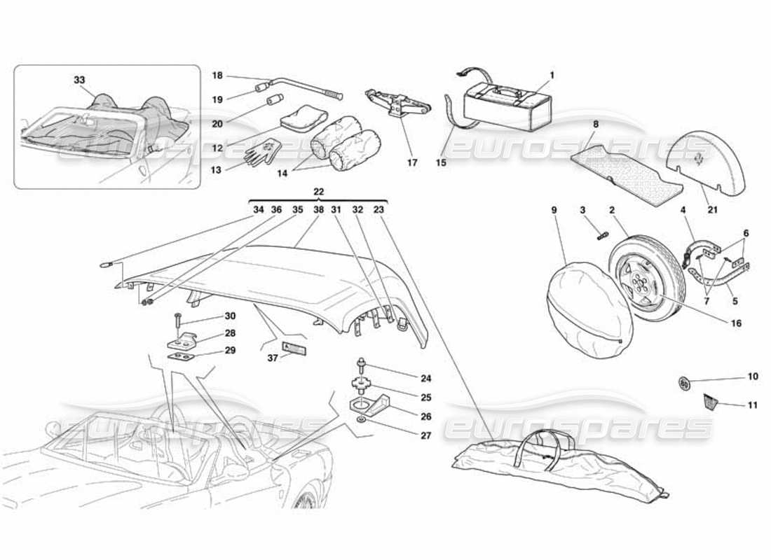 ferrari 550 barchetta capote - ruota di scorta - borsa kit attrezzi e accessori schema delle parti