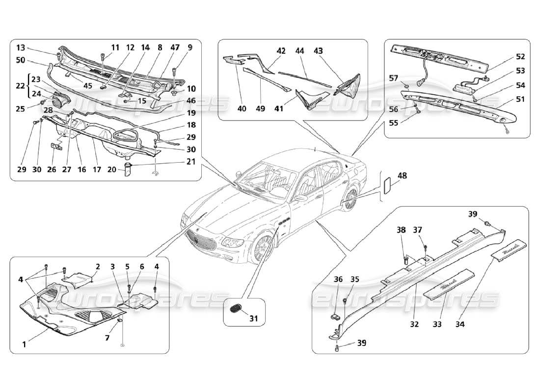 maserati qtp. (2006) 4.2 schema delle parti di scudi, modanature e coperture