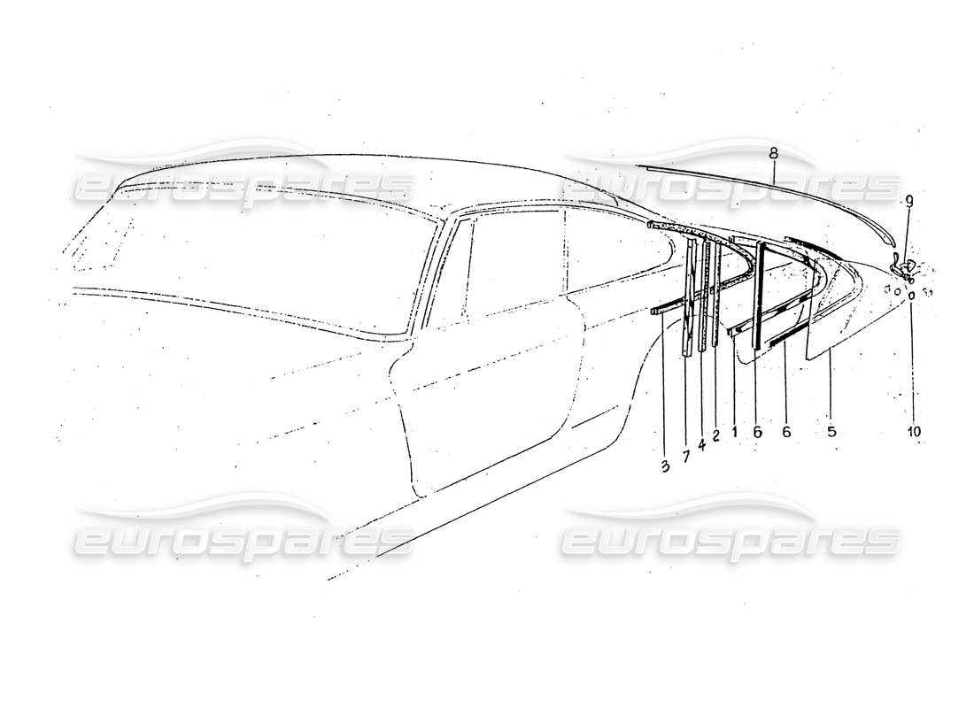 ferrari 330 gt 2+2 (coachwork) vetro del quarto posteriore: diagramma delle parti delle finiture