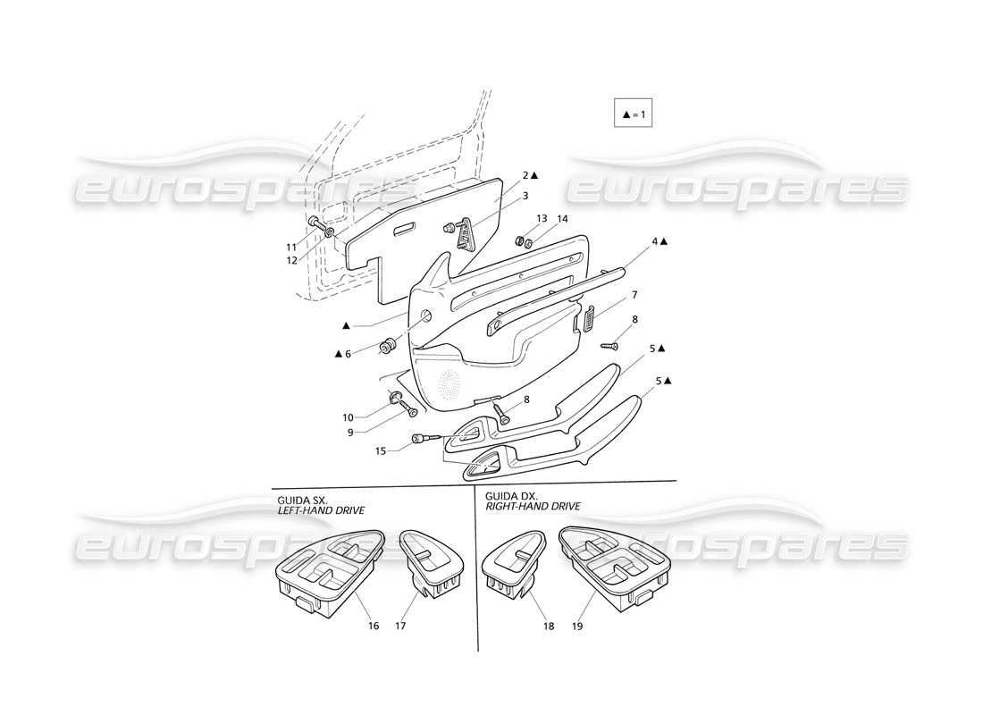 maserati qtp v8 evoluzione rivestimenti interni: diagramma delle parti dei pannelli delle porte anteriori