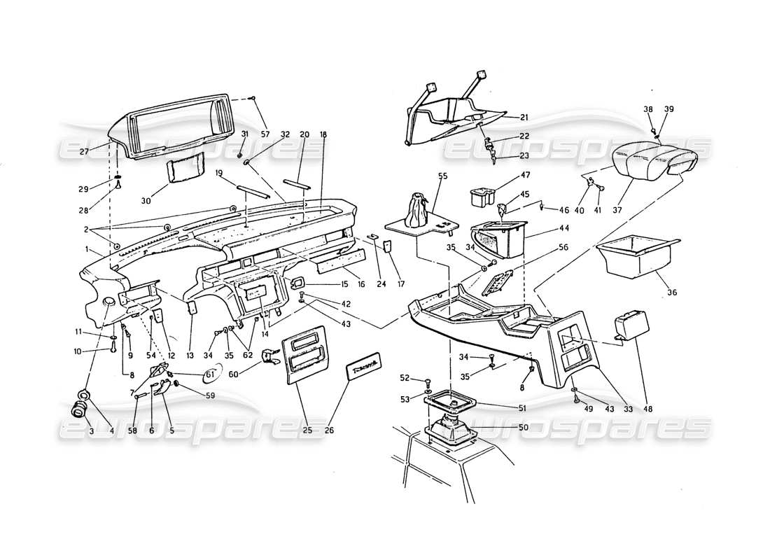 maserati biturbo 2.5 (1984) pannello strumenti e console diagramma delle parti