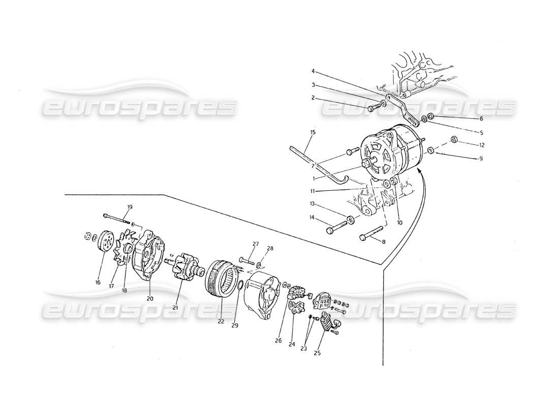 maserati biturbo 2.5 (1984) diagramma delle parti dell'alternatore e della staffa