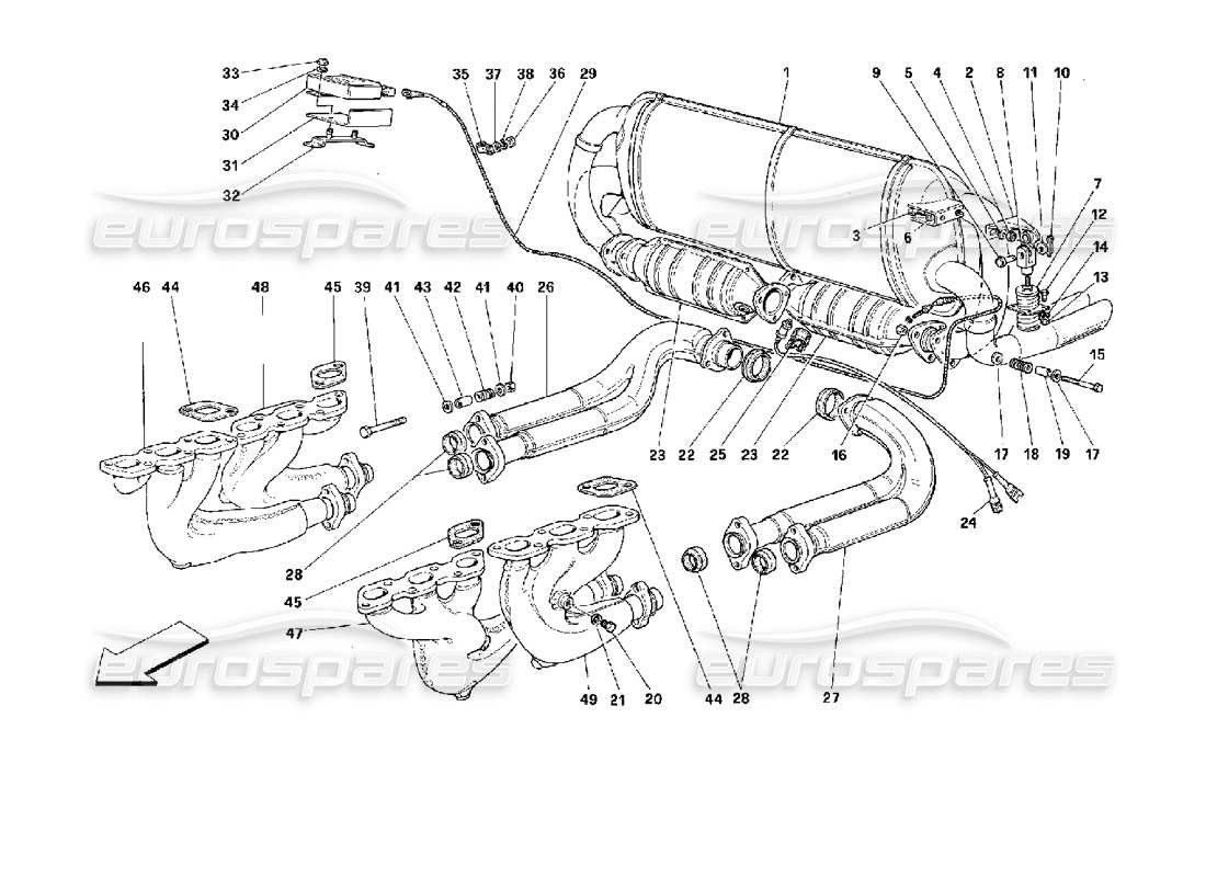 ferrari 512 tr impianto di scarico -non per usa, cdn, aus, ch- schema delle parti