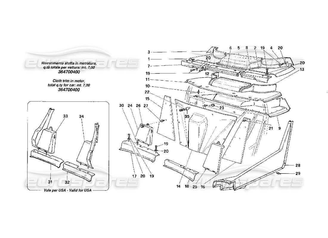 ferrari f40 elementi interni corpo -zona centrale e inferiore- schema delle parti