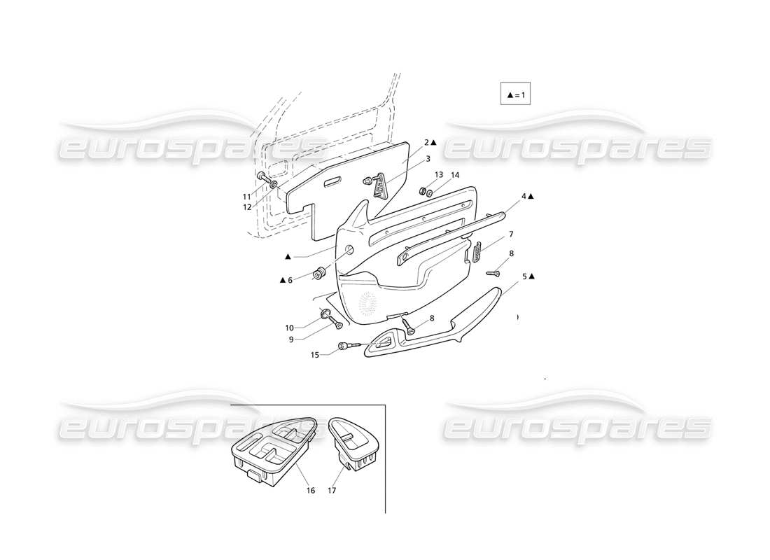 maserati qtp v6 evoluzione rivestimenti interni: diagramma delle parti dei pannelli delle porte anteriori