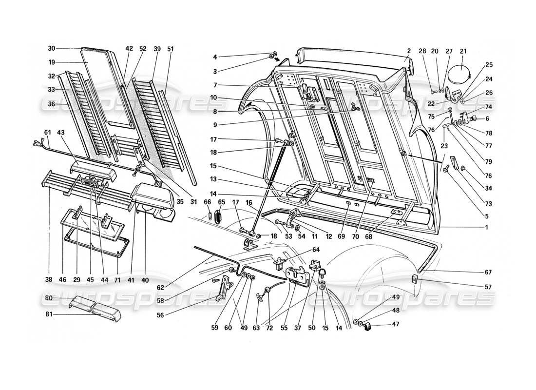 ferrari 512 bbi schema delle parti del cofano posteriore