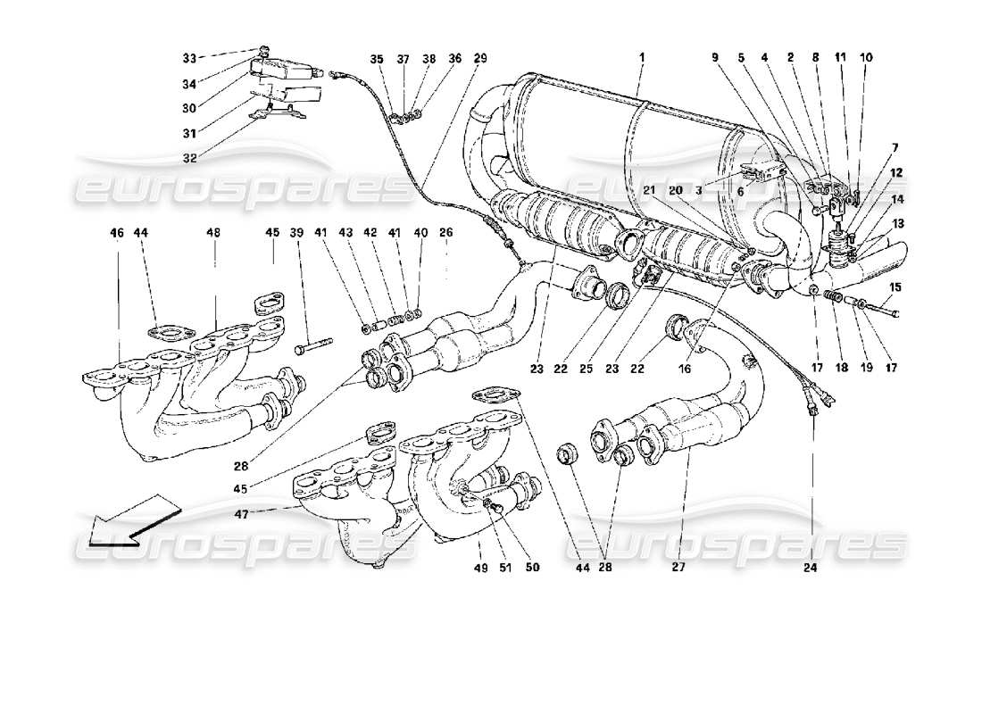 ferrari 512 tr impianto di scarico -valido per usa, cdn, aus, ch- schema delle parti