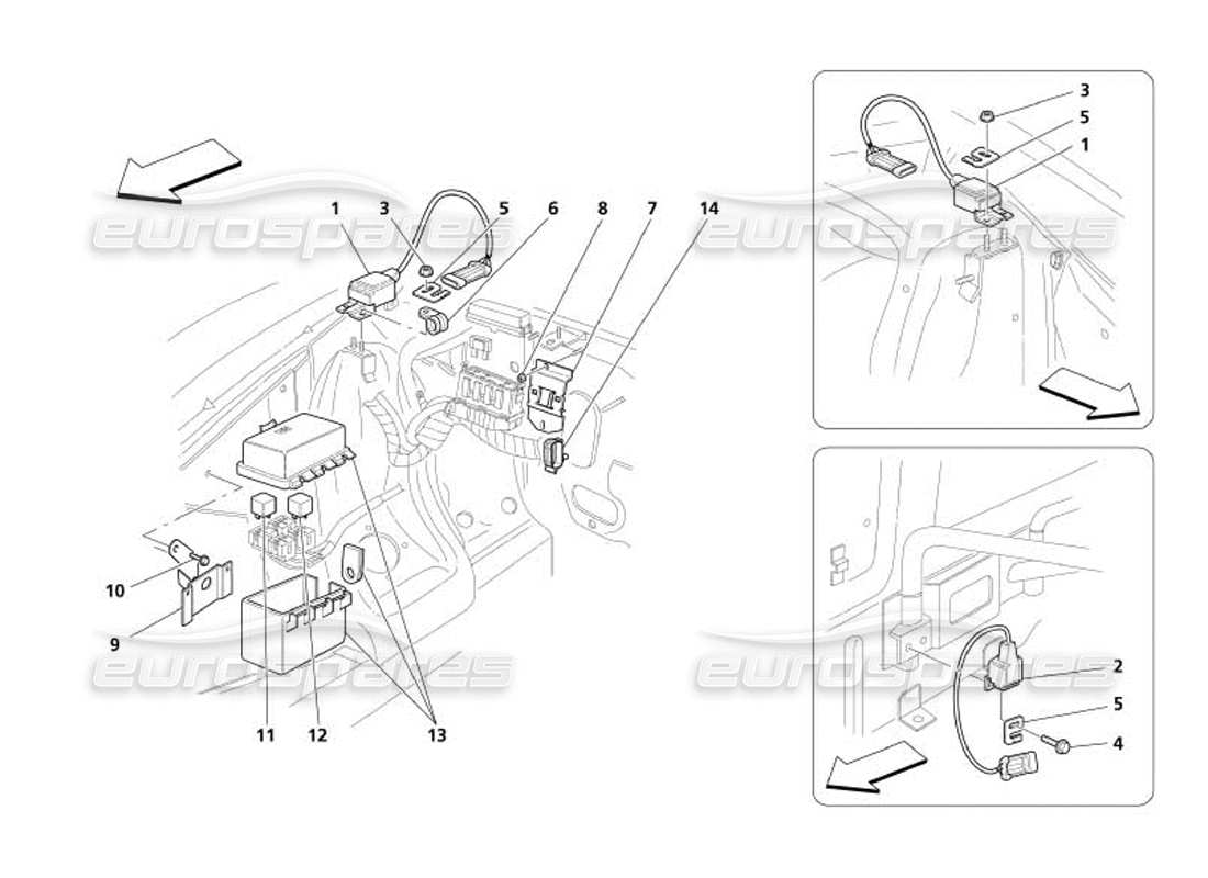 maserati 4200 spyder (2005) diagramma delle parti del sensore del cofano motore e delle stazioni di controllo