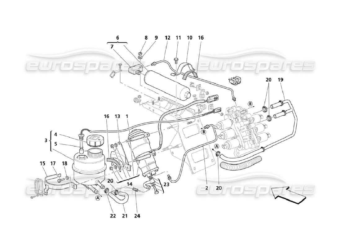maserati qtp. (2006) 4.2 impianto idraulico di controllo del cambio: diagramma delle parti del serbatoio e della pompa