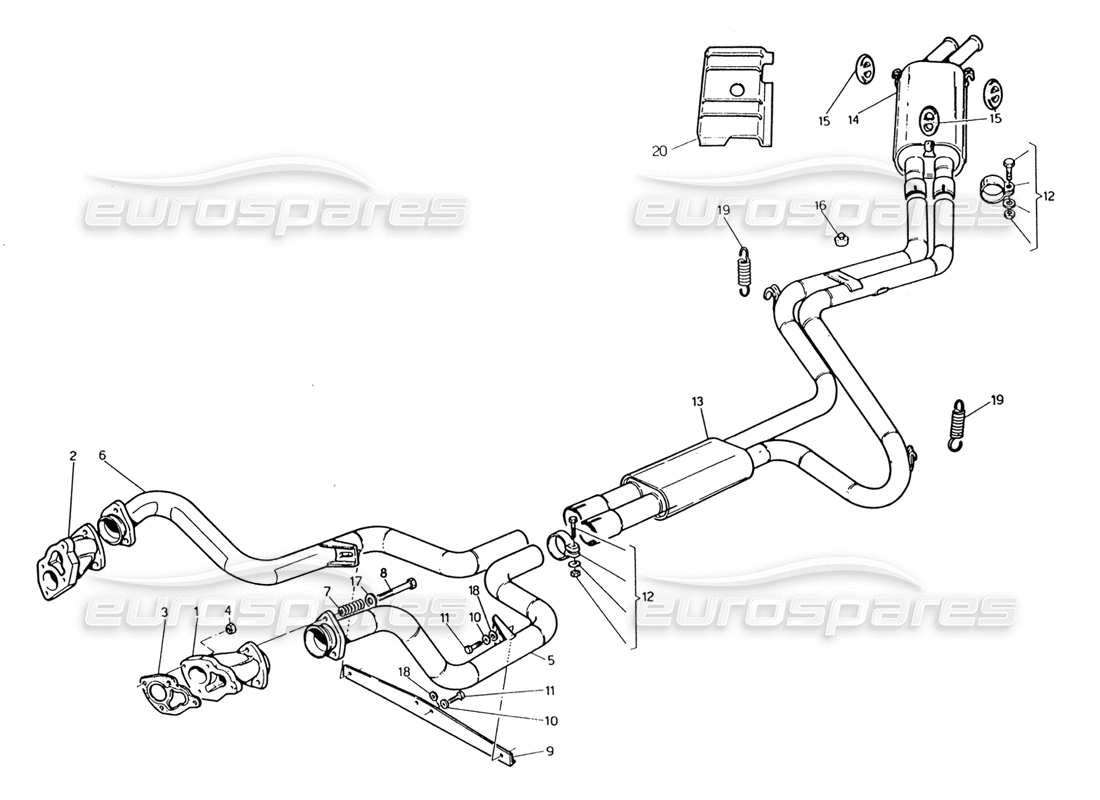 maserati 222 / 222e biturbo schema delle parti del sistema di scarico senza catalizzatore di vernice