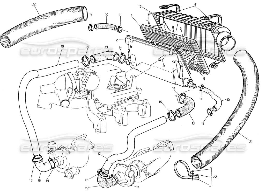 maserati 222 / 222e biturbo diagramma delle parti del filtro dell'aria e dei tubi