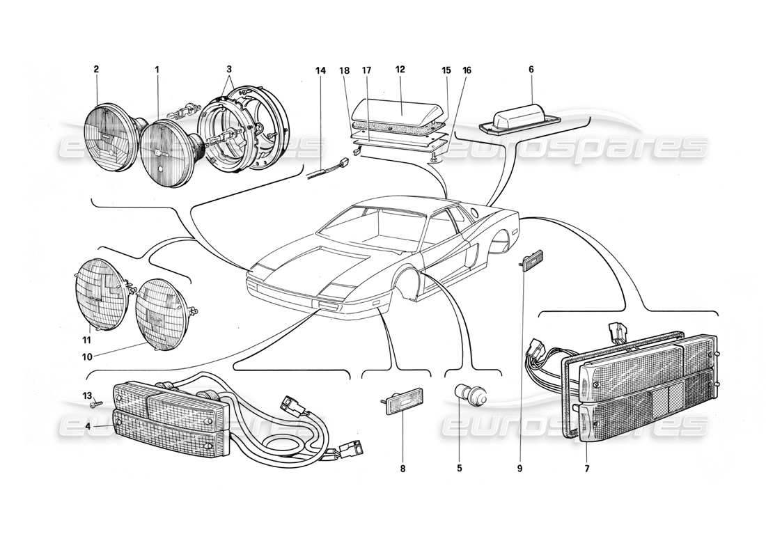 ferrari testarossa (1987) diagramma delle parti delle lampade