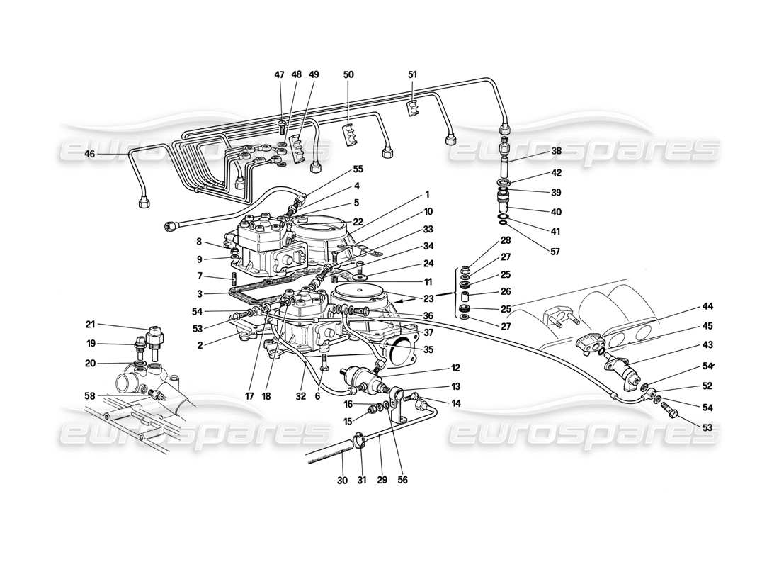 ferrari testarossa (1987) linee distributori carburante (sistema ke-jetronic) diagramma delle parti