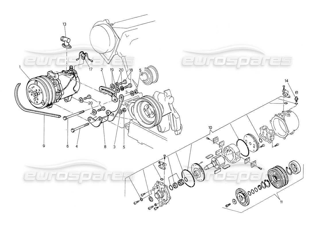 maserati biturbo spider diagramma delle parti del compressore d'aria e delle staffe