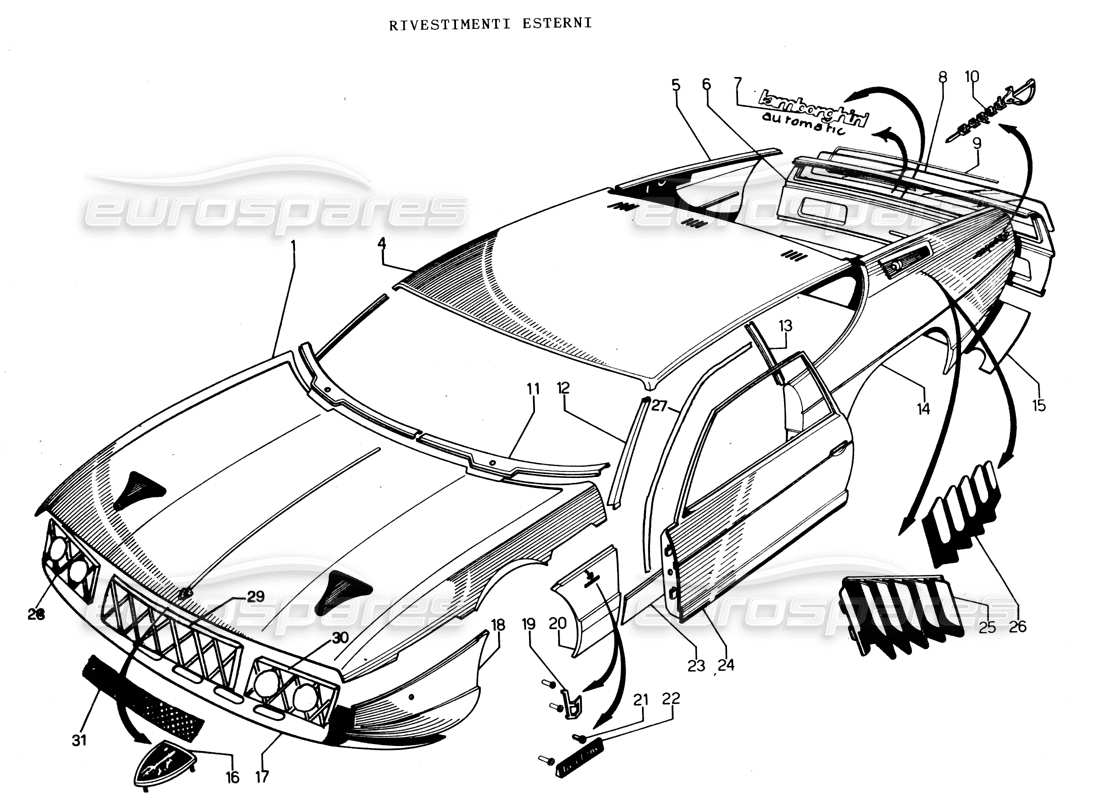 lamborghini espada pannelli della carrozzeria e fissaggi esterni diagramma delle parti