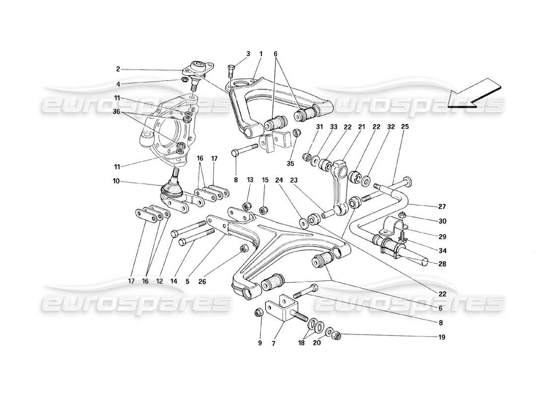 ferrari 348 (1993) tb / ts sospensioni anteriori - schema delle parti bracci trasversali