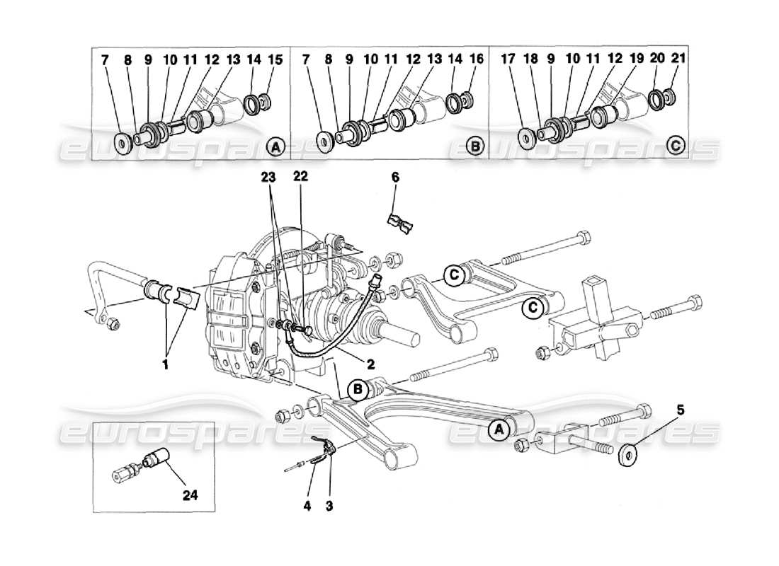 ferrari 355 challenge (1996) diagramma delle parti della sospensione posteriore e dei tubi freno
