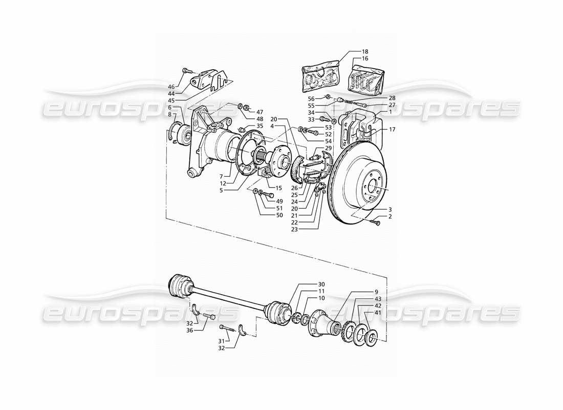 maserati ghibli 2.8 (abs) mozzi, freni posteriori con abs e alberi di trasmissione diagramma delle parti