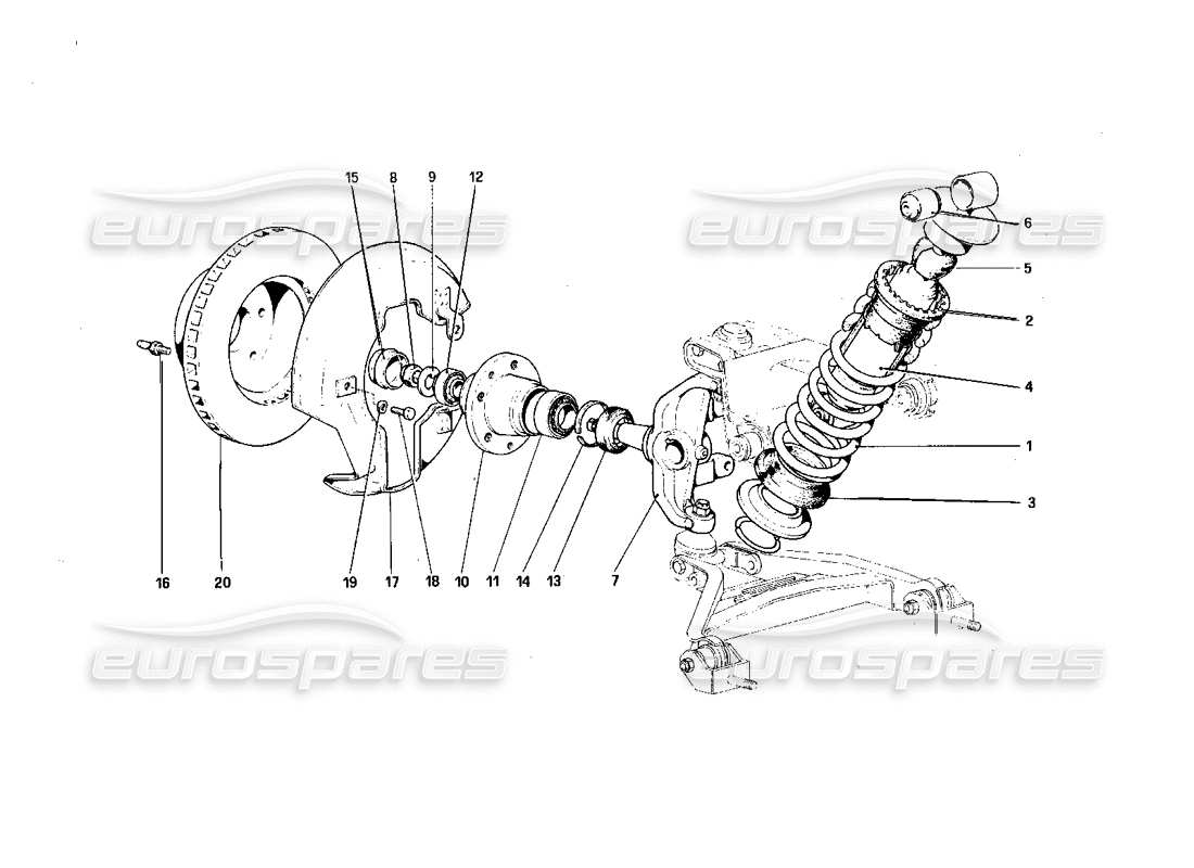 ferrari 308 quattrovalvole (1985) sospensione anteriore: schema delle parti dell'ammortizzatore e del disco freno