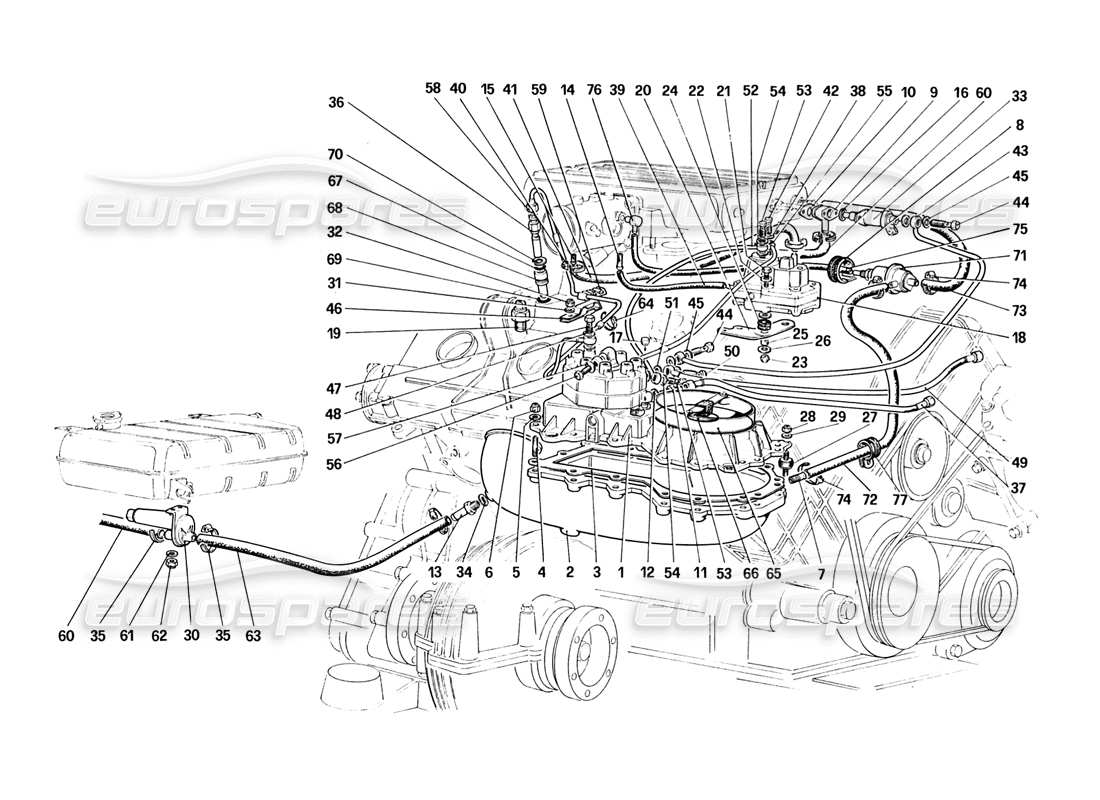 ferrari 328 (1988) diagramma delle parti delle linee dei distributori di carburante (non per la versione usa).