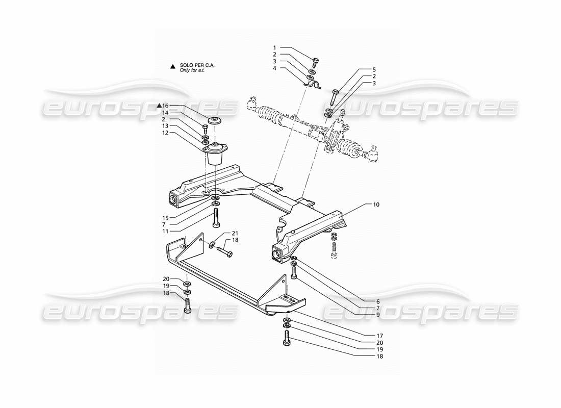 maserati qtp v8 (1998) schema delle parti del sottotelaio anteriore della scatola dello sterzo