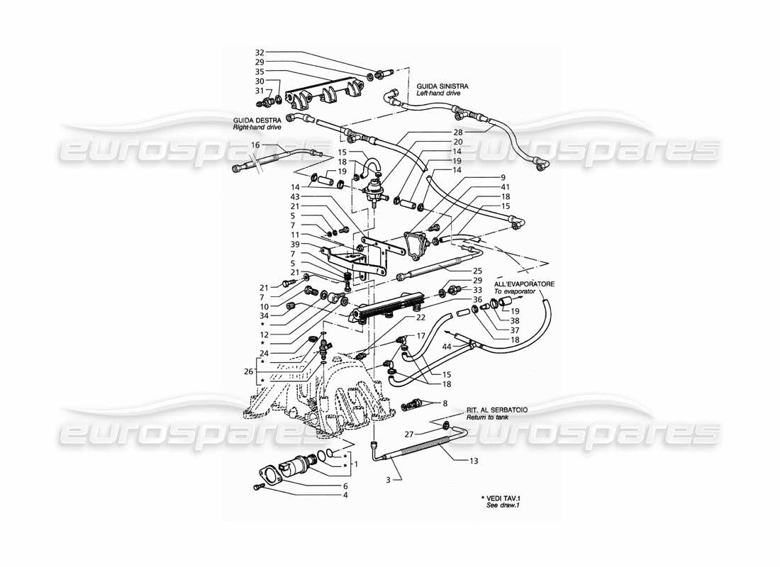 maserati qtp. 3.2 v8 (1999) diagramma delle parti degli accessori del sistema di iniezione