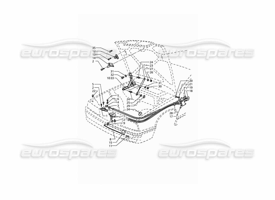 maserati qtp. 3.2 v8 (1999) cofano: diagramma delle cerniere e delle parti di rilascio del cofano