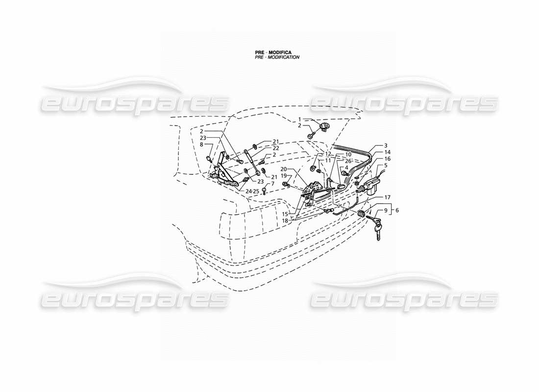 maserati qtp. 3.2 v8 (1999) coperchio del bagagliaio: diagramma delle parti delle cerniere, rilascio del coperchio del bagagliaio (pre-modifica).