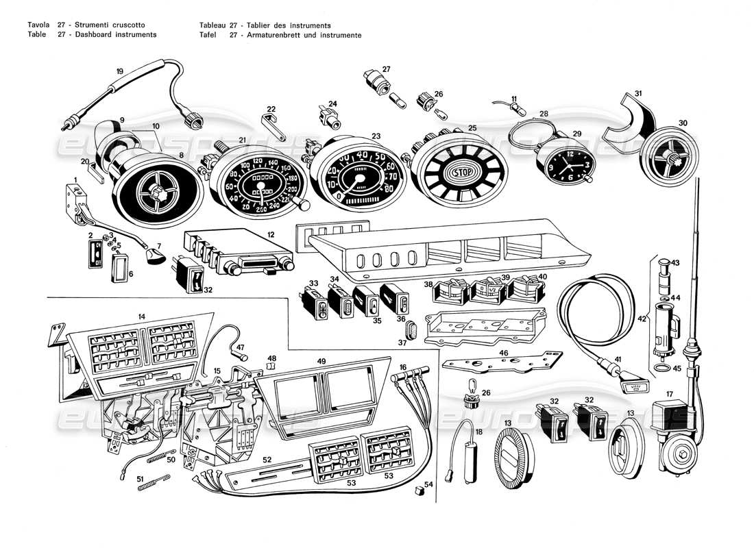 maserati merak 3.0 diagramma delle parti degli strumenti del cruscotto