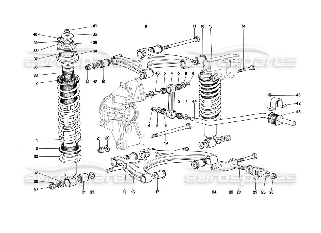 ferrari testarossa (1990) sospensione posteriore - bracci trasversali e ammortizzatori (a partire dalla vettura n. 75997) diagramma delle parti