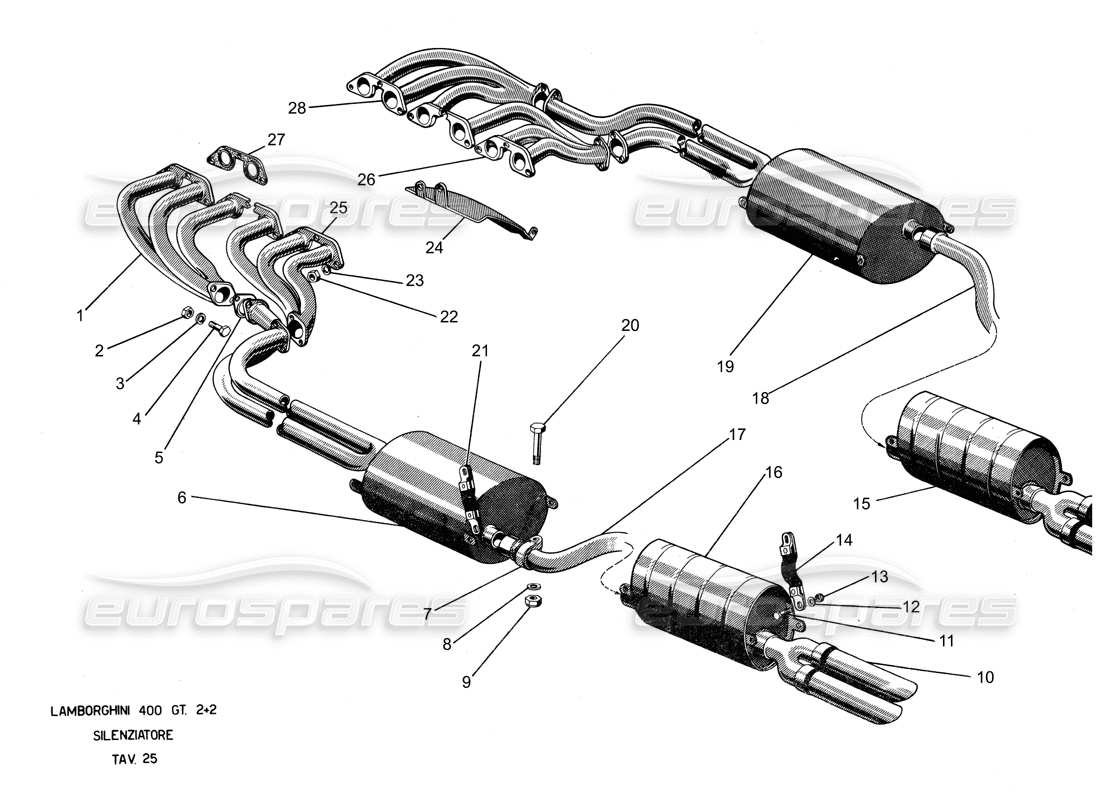 lamborghini 400 gt impianto di scarico diagramma delle parti