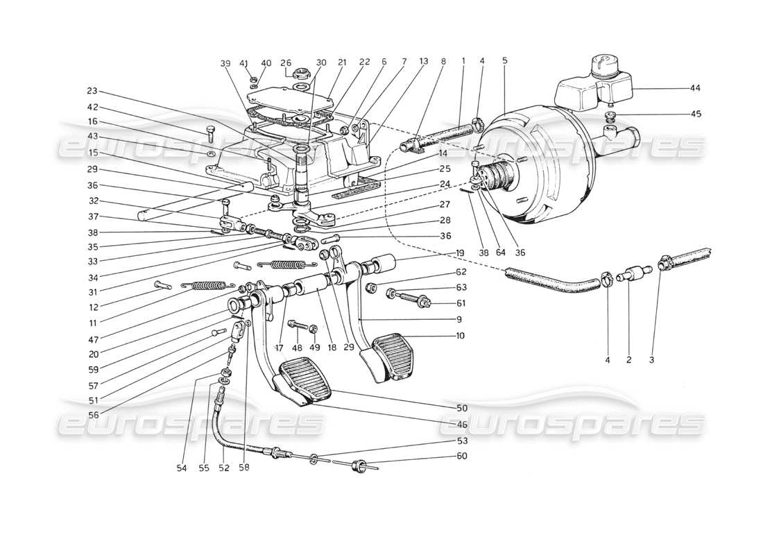 ferrari 208 gt4 dino (1975) pedaliera - schema delle parti dei comandi freno e frizione