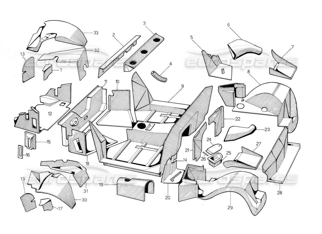 lamborghini countach 5000 qv (1985) rivestimenti interni in fibra di vetro diagramma delle parti