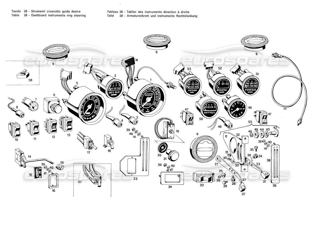 maserati merak 3.0 schema della parte dello sterzo dell'anello degli strumenti del cruscotto