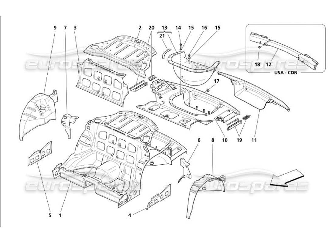 maserati 4200 gransport (2005) diagramma delle parti della struttura posteriore