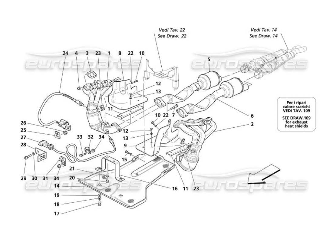 maserati 4200 gransport (2005) impianto di scarico -variazioni per usa e cdn- schema delle parti