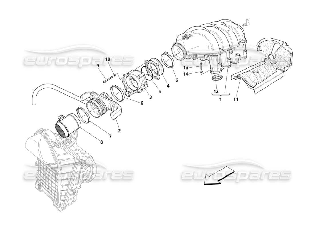 maserati qtp. (2006) 4.2 diagramma delle parti del collettore di aspirazione dell'aria e del supporto dell'acceleratore