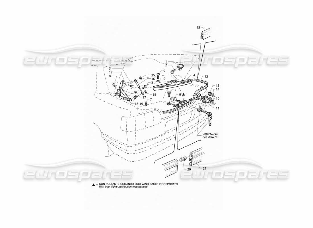 maserati qtp v8 (1998) coperchio del bagagliaio: cerniere, diagramma delle parti di rilascio del coperchio del bagagliaio