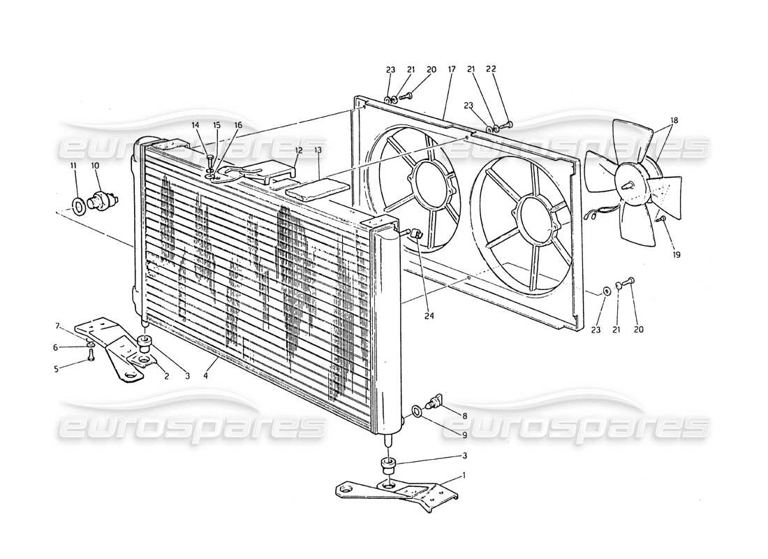 maserati biturbo 2.5 (1984) diagramma delle parti del radiatore e delle ventole di raffreddamento