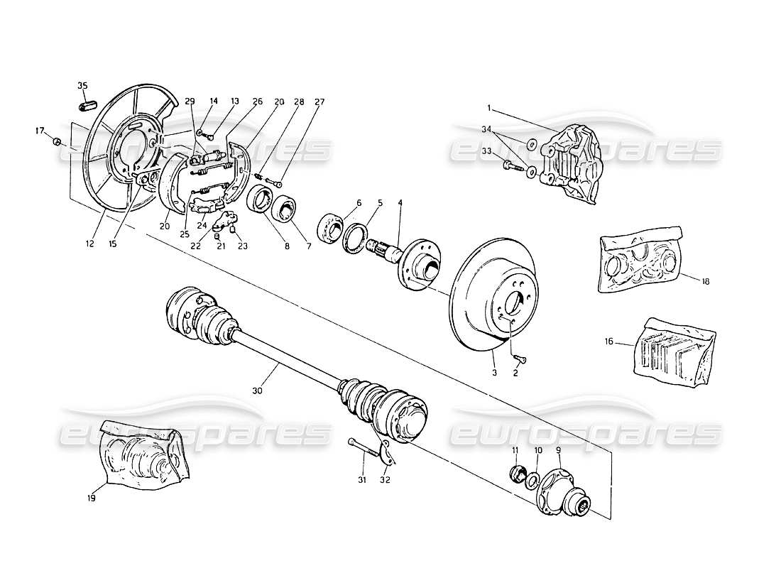 maserati biturbo 2.5 (1984) schema delle parti di mozzi, freni posteriori e alberi di trasmissione