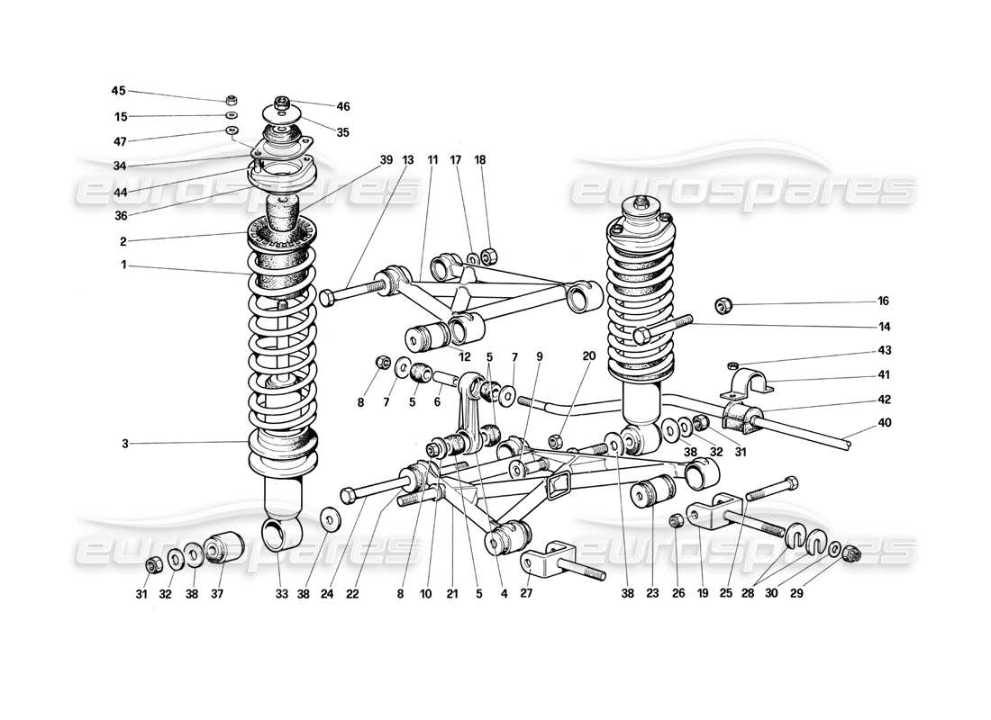 ferrari testarossa (1990) sospensione posteriore - bracci trasversali e ammortizzatori (fino alla vettura n. 75995) diagramma delle parti