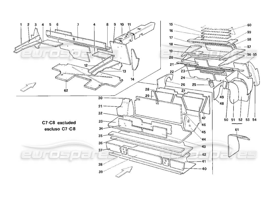 ferrari mondial 3.2 qv (1987) vano bagagli e passeggeri, isolamento - cabriolet-usa - diagramma delle parti escluse sa