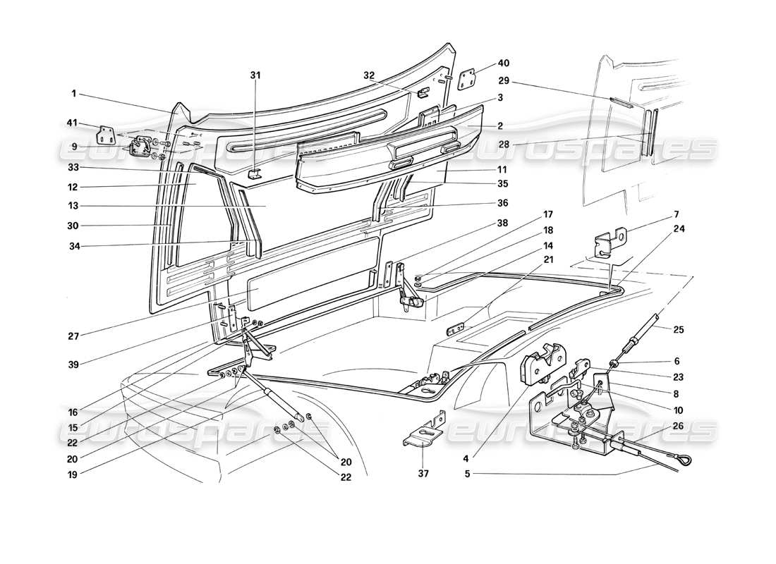 ferrari testarossa (1990) cofano anteriore diagramma delle parti