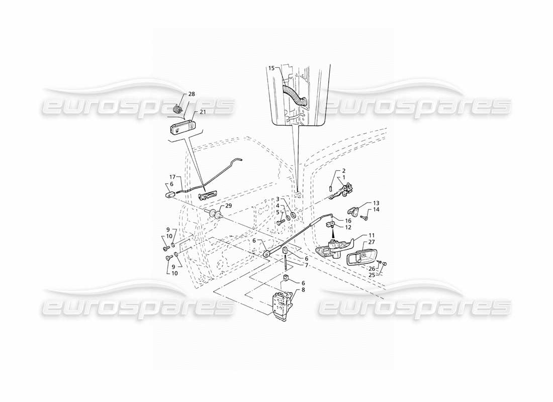 maserati qtp v8 (1998) porte anteriori: schema delle parti delle cerniere e dei controlli interni