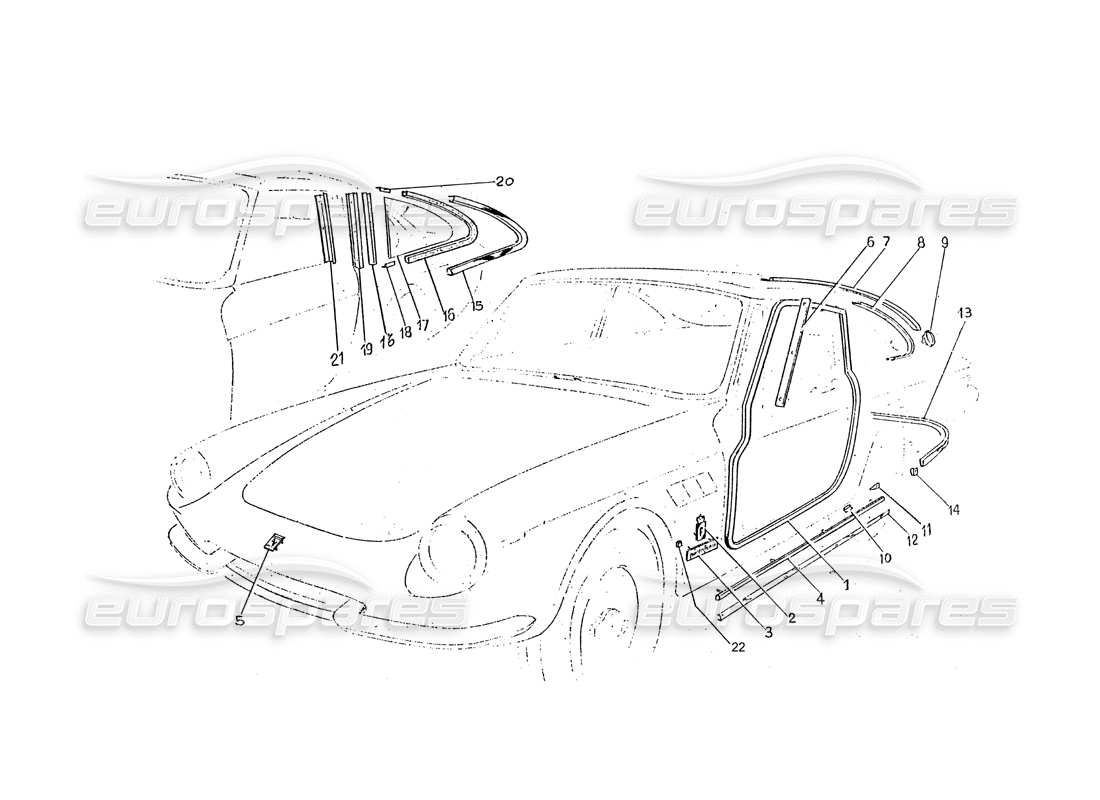 ferrari 330 gtc / 365 gtc (coachwork) la guarnizione sigilla la porta e il diagramma delle parti del quarto di vetro